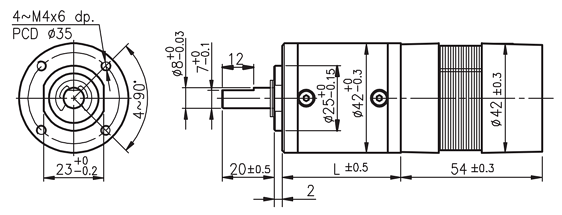 Dimensions of BLDC motor with planetary gearbox - series PG429