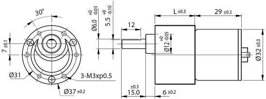 Dimensions of DC motor with spur gearbox - series SG370