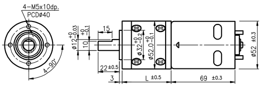 Dimensions of DC motor with planetary gearbox - series PG520