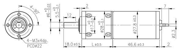 Dimensions of DC motor with planetary gearbox - series PG280